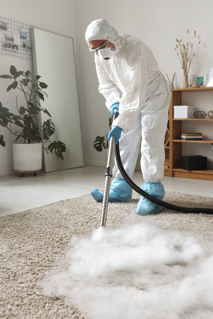 A person in protective gear disinfecting a carpet with a fumigation device indoors.